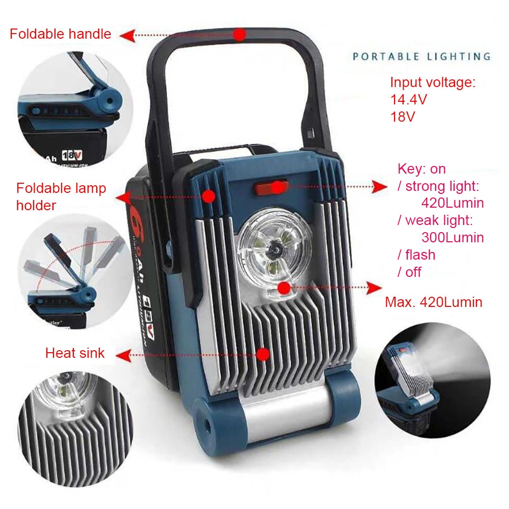 Li-ion batteri led arbejdslampe flash site lampe fakler kan drives af maikita dewalt bosch milwaukee  m18 18v li-ion batteri