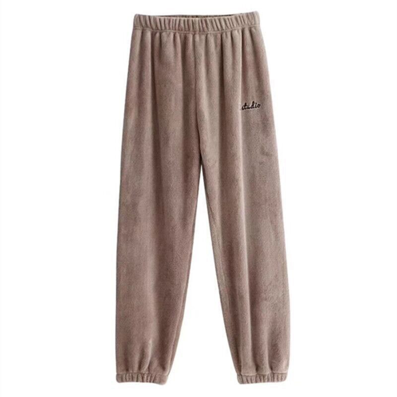 Women Autumn Winter Warm Plush Fleece Long Sleep Pants Homewear Pajamas Soft Flannel Thick Sleepwear Trousers: Khaki