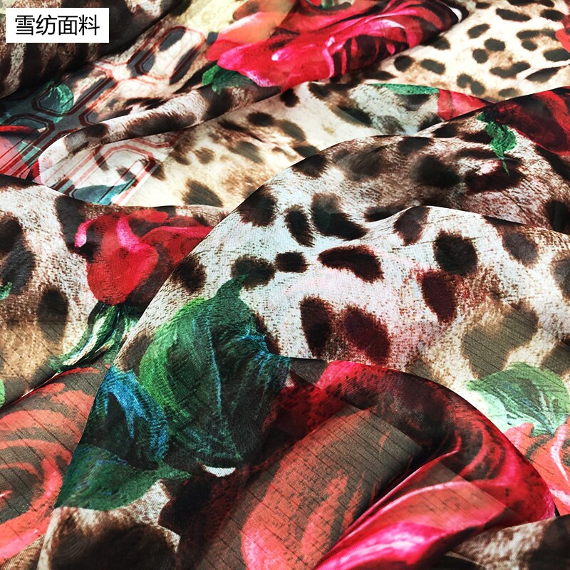 145cm Width Leopard Rose Flower Digital Painting Thin Chiffon Fabric For Woman Summer Dress Blouse DIY Cloth Sewing