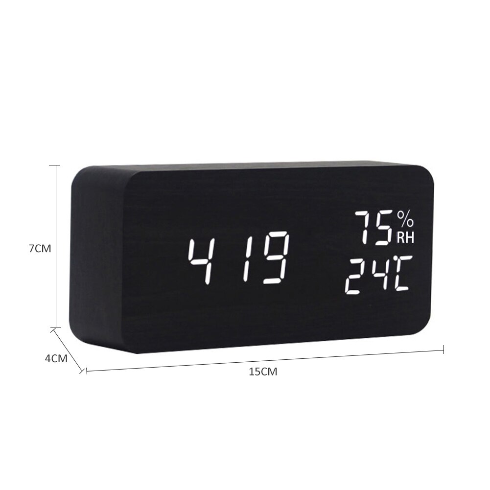 Digital Alarm Clock Wooden Watch Table Voice Control Electronic Desktop Clocks Thermometer Adjustable Brightness