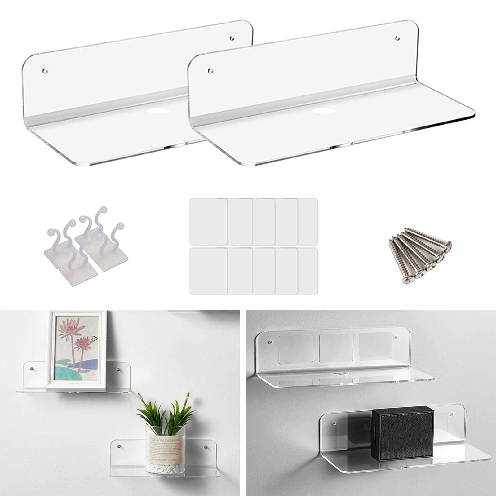 2x Acrylic Floating Wall Rack Small Display Shelf for Wireless Speaker Clear: Clear
