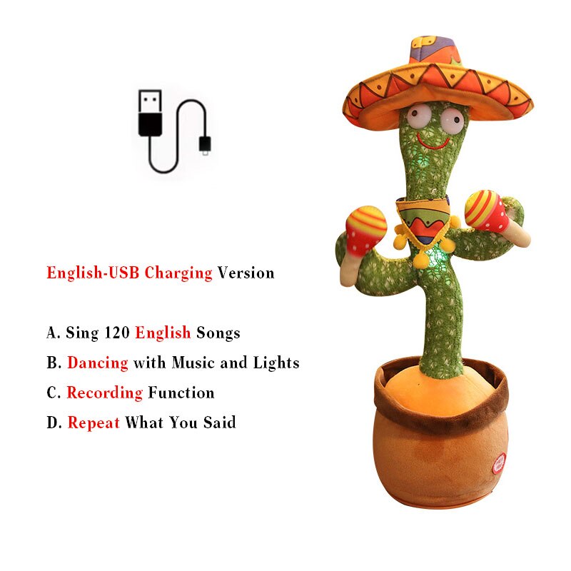 cactus dansant usb Rechargeable avec son en espagnol pour bébés, jouet Parlant russe: L English USB