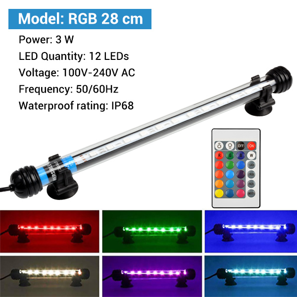 NICREW Aquarium Licht LED Wasserdicht Aquarium Licht Tauch Lampe 5050 SMD LED Bar 18-48CM Beleuchtung für Aquarium 100 V-240V: RGB 28cm