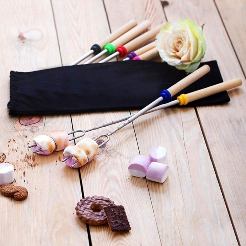 Bâtons de torréfaction à la guimauve brochettes télescopiques à la guimauve et fourchettes à -Dog avec poignée en bois sac de rangement