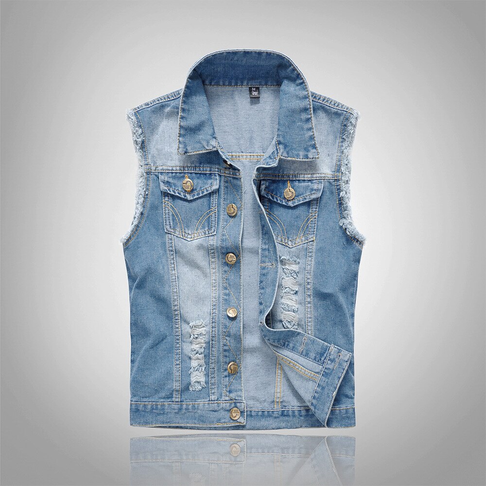 Mens Cotton Denim Sleeveless Vest Men Blue Denim Jeans Clothes Male Cowboy Denim Vest Plus Size 6XL