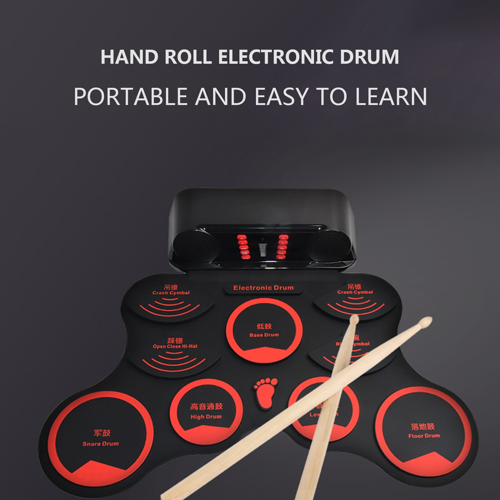 Compact Size Roll-Up Silicon Drum Set Digital Electronic Drum Kit with Drumsticks Foot Pedals 9 Drum Pads for Beginners