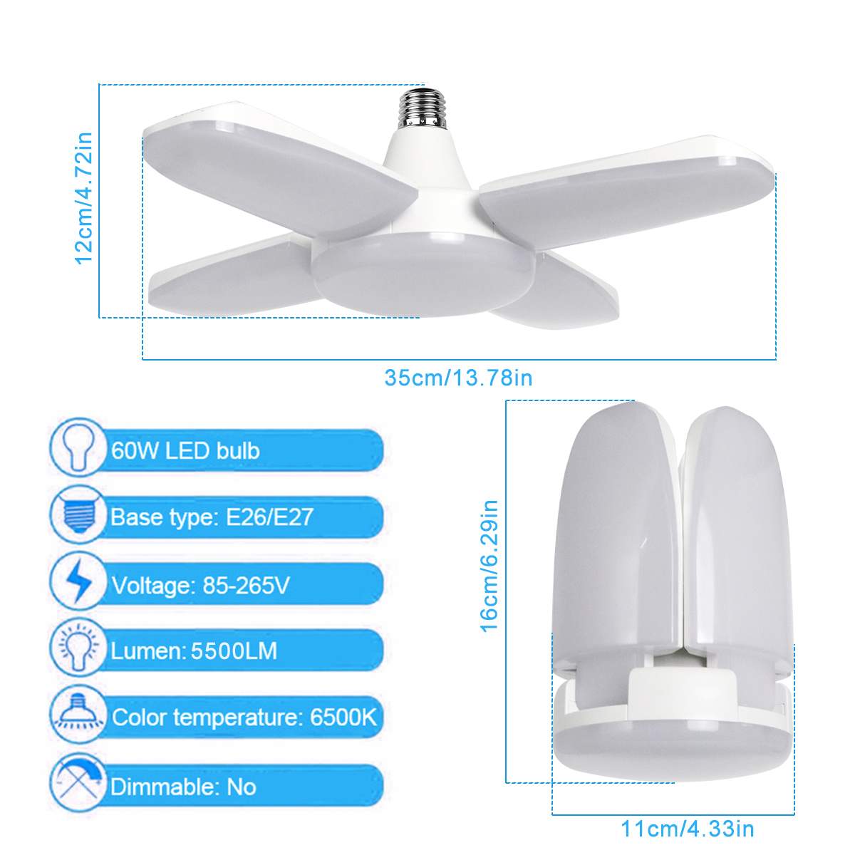 156 stk led deformerbar garagelampe 60w e27 85-265v 5600lm loftslampe til garage/loft/kælder/hjem led lampe