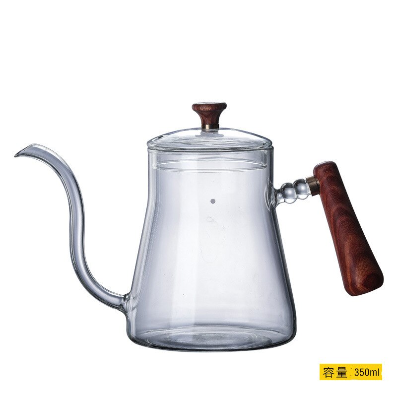 Hand-made Glass Gooseneck Hand Drip Coffee Pot Heat-resistant Glass Pour Over Coffee Tea Kettle Maker for Cafe Barista Gas Stove: 350ML Clear wood