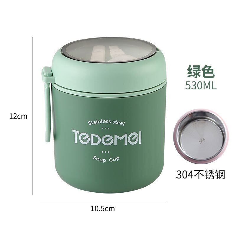 Mini Thermische Lunchbox Voedsel Container Met Lepel Roestvrij Staal Vacuüm Kopje Soep Cup Geïsoleerde Lunchbox Taza Desayuno Portatil: green-530ml
