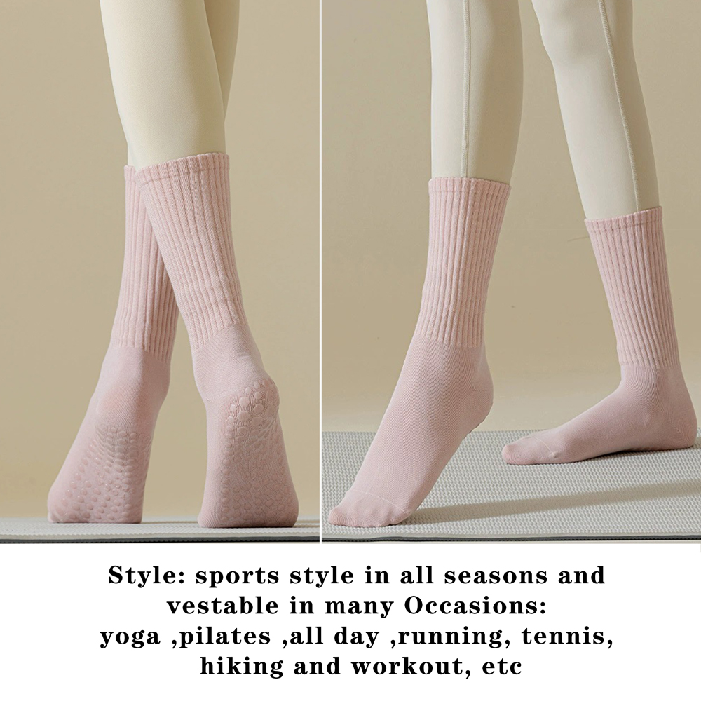 3 pares de algodão antiderrapante meias de yoga meias de comprimento médio cor sólida fitness pilates meias esportivas femininas