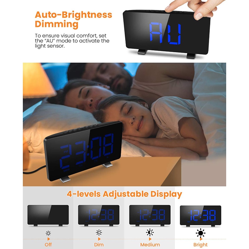 Digital Alarm Clock, ELEGIANT Alarm Clocks for Bedrooms with FM Radio,Dual Alarms,6.7 inch LED Sn,USB Port for Charging,Auto