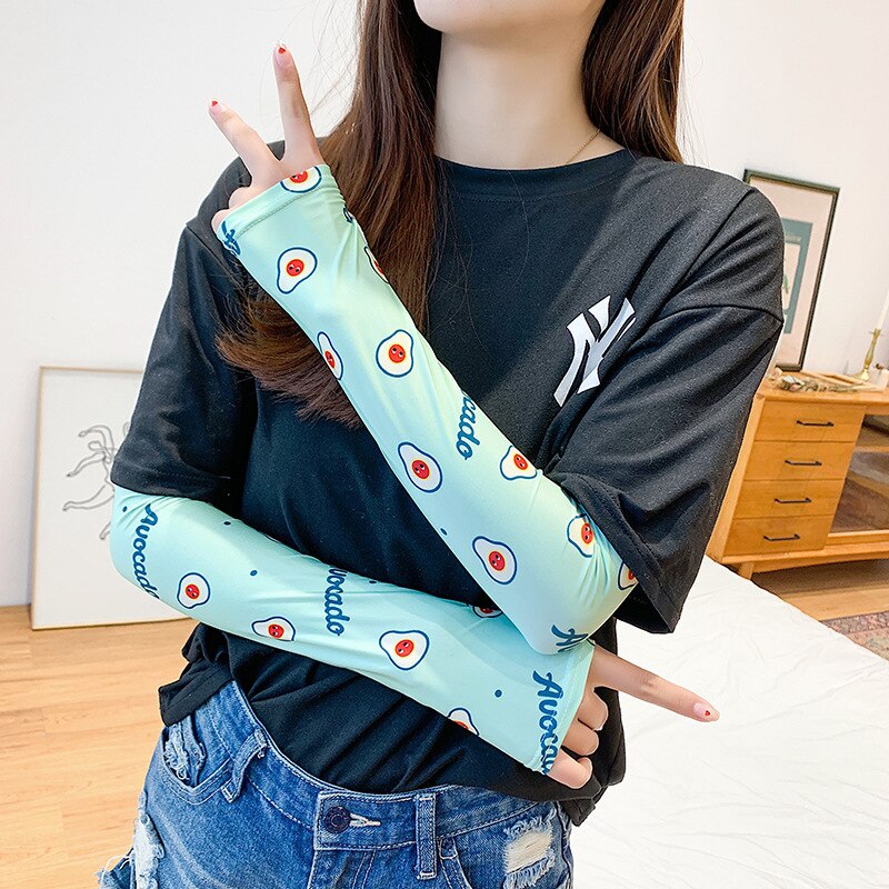 Women's Summer Net Red Ice Sleeve Cute Printing Sun Protection Oversleeves Outdoor Riding UV Protection Armband: AW20