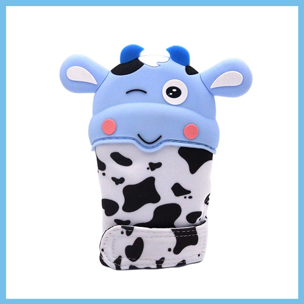 Baby Silicone Mitts Teething Mitten Glove Sound Teether Newborn Chewable Nursing Mittens Teether Natural Stop Sucking Thumb Toy: Blue Cow