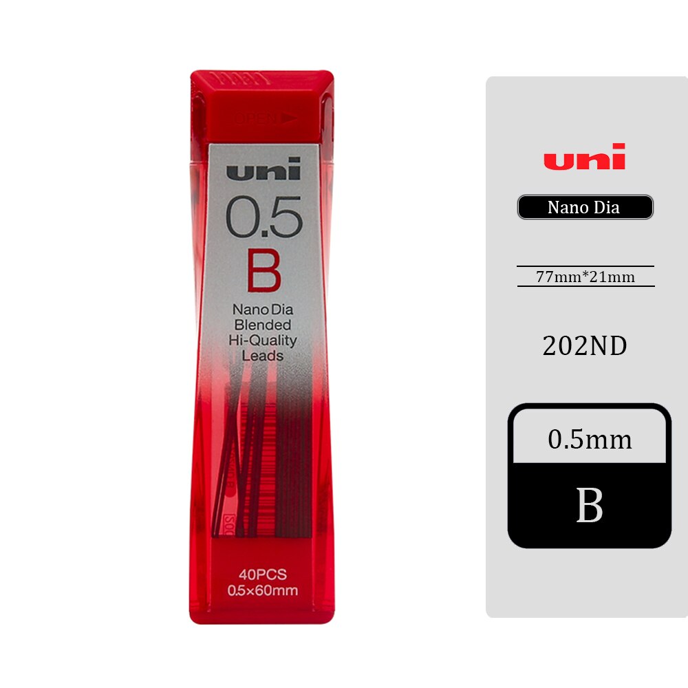 UNI 202ND Automatic Pencil Lead 0.5/0.7/0.3 Refill Nano Diamond Not Easy To Break Pencil Lead Black HB/2B/2H/B for Students: 0.5mm B