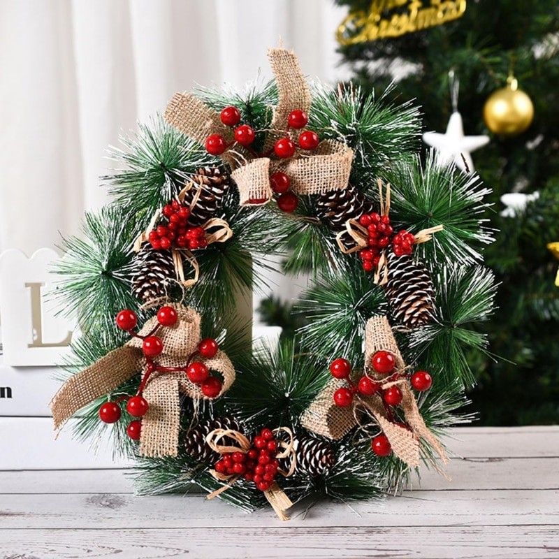 Christmas Wreath Artificial Pinecone Red Berries Garland Hanging Front Door Wall 11UA