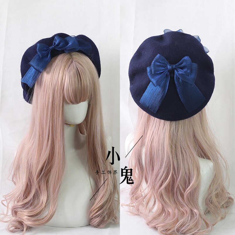 Japanse Kawaii Baret Hoed Lolita Tiener Hart Zoete Wollen Handgemaakte Cute Lace Strik Warme Herfst Winter Schilder Hoed Hoofdtooi