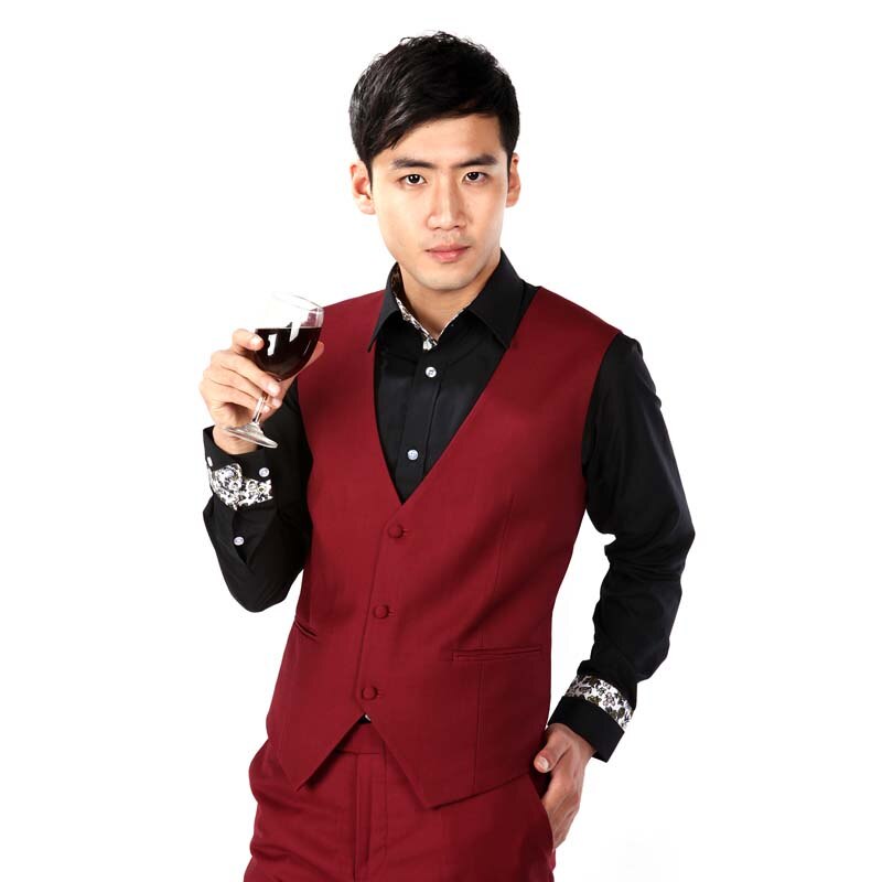Men's Solid Vest Formal Dress Business Casual Slim Suit Vest Wedding Vest British Style Waistcoat Man Clothing: Red / XXL