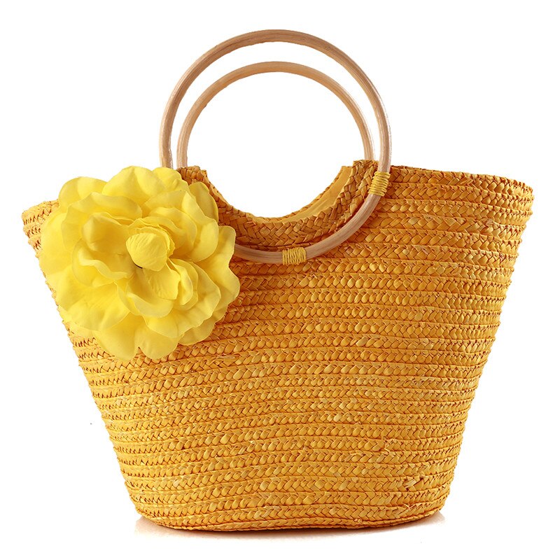 Beach Rattan Straw Polyester Bag Leisure Straw Craft Paper Weaving Handbag Beach Bag: yellow