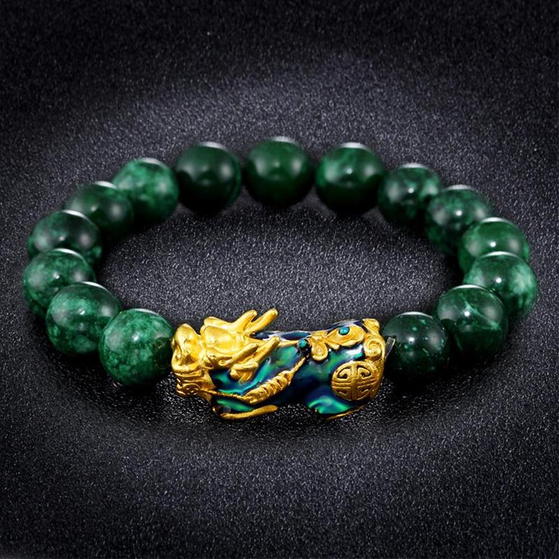 Doré PIXIU Bracelet Pour Les Femmes Hommes Vert Perles Bracelet Apporter Chance Courageux Richesse Feng Shui Bracelets pour hommes