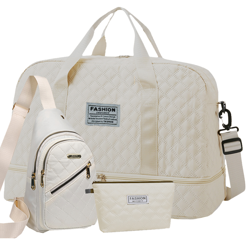 Dette weekendtaskesæt til kvinder er til kvinder - en håndtaske, en rejsetaske og en makeuptaske.: Beige