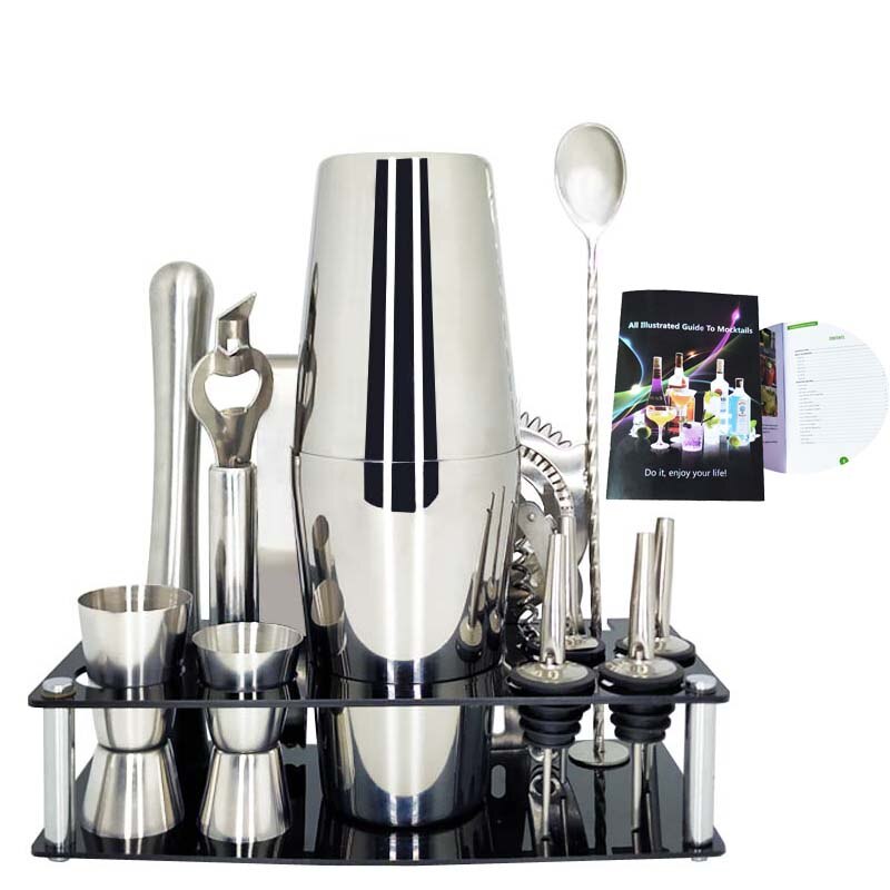 Premium Shaker Barware Set - 13 Pieces Bartender Kit Includes shaker , rack, spoon, pourer, straw & ice tong Cocktail Shaker