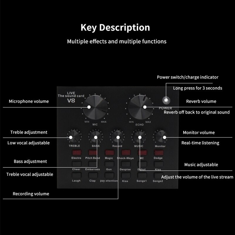V8 Geluidskaart Audio Set Interface Externe Usb Live Microfoon Geluidskaart Bluetooth Functie Voor Computer Pc Mobiele Telefoon
