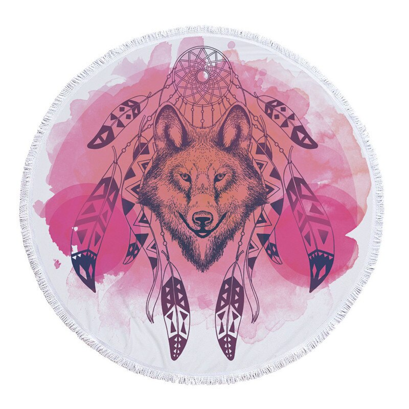 Mikrofiber strandhandduk med tofsar för vuxna barn yoga tofs vargfilt stor rund handduk tryckt gobeläng heminredning: 2