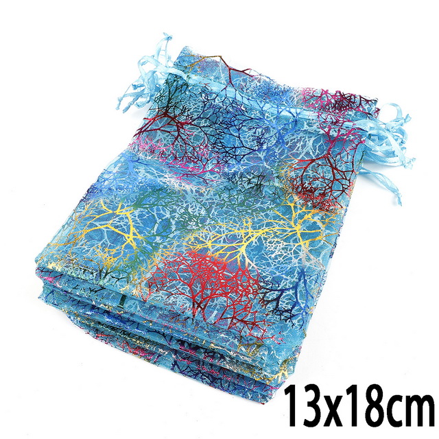Hurtownie 10 sztuk 50 sztuk wykwintne koral projekt sznurkiem torby z organzy biały niebieski torby do pakowania torby na prezenty ślubne biżuteria woreczki: Blue  13x18cm / 10pcs