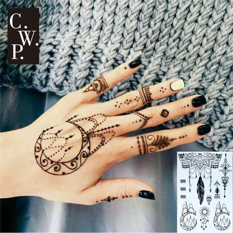 # BH1701 1 stuk Zwarte Henna met Maan en Zon Tribal patroon Tijdelijke Tattoo voor Handen Geïnspireerd Lichaam Stickers