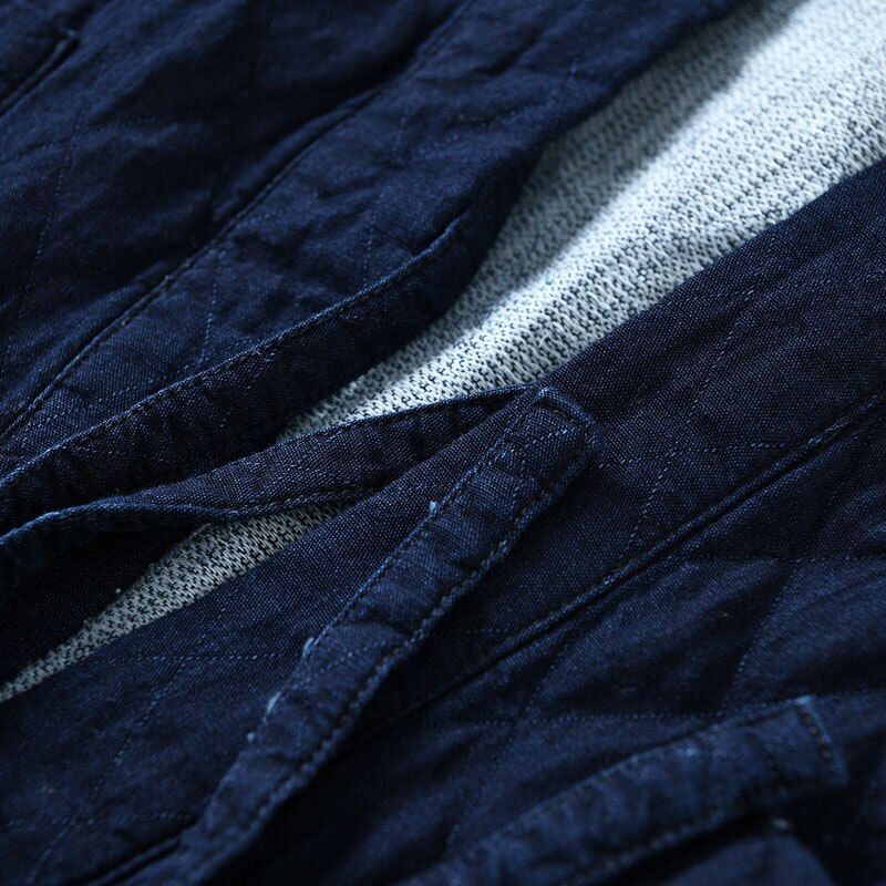 Men Navy Blue Thick Knitted Denim Kimono Jacket Japan Style Spring Autumn Open Placket Male Haori Loose Coat