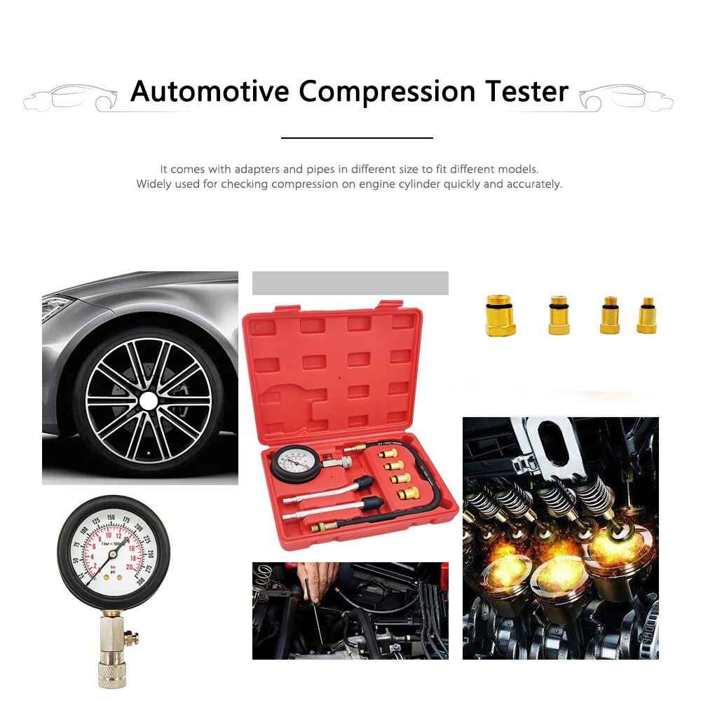 Gasoline Engine Compression Tester Auto Petrol Gas Engine Cylinder Automobile Pressure Gauge Tester Automotive Test Kit 0-300psi