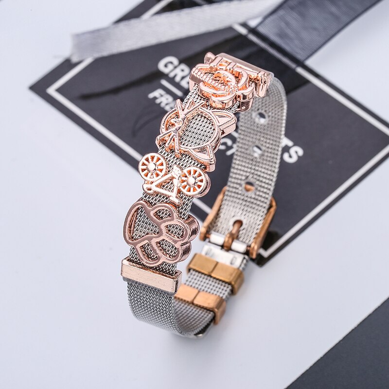 TOGORY Stainless Steel Mesh Bracelet With Crystal Cartoon Dog Claw Charms Fine Bracelets Set For Women Kids