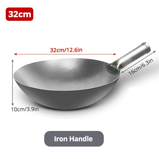 Iron Wok Chinese Traditional Handmade Iron Cook Pot Non-stick Pan Non-coating Gas Cooker Cookware Kitchen Pot Cast Iron Pan: 32cm(iron handle)