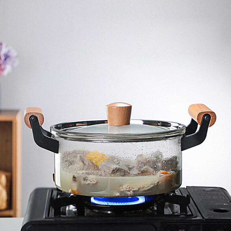 Marmite transparente à double oreille en borosilicate, grande capacité, en verre, à feu ouvert, marmite à ragoût, marmite à soupe domestique
