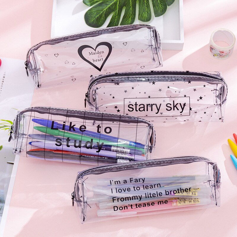 Preciosa cartuchera de PVC con letras coreanas, bolso para cosméticos o lápices transparente resistente al agua para niñas y niños, suministros para el hogar y la escuela