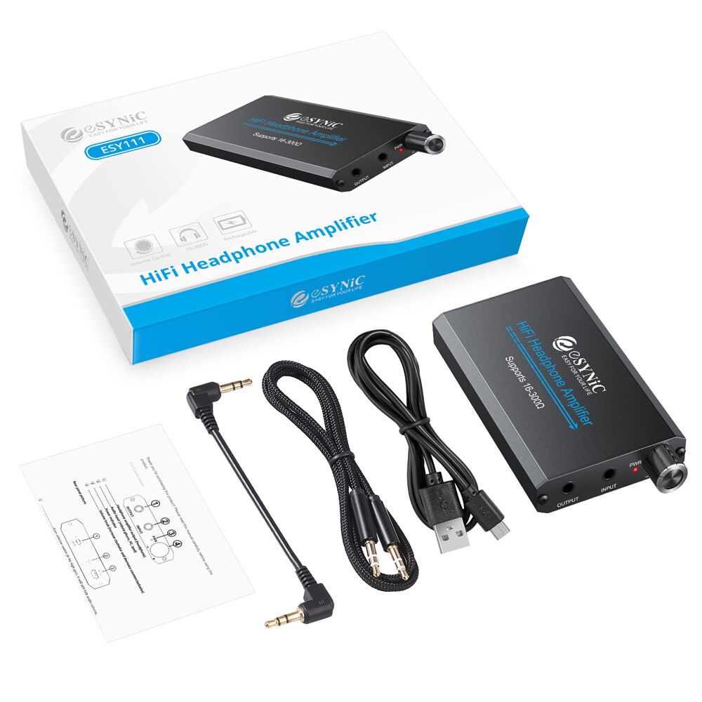 ESYNiC-AMPLIFICADOR DE AURICULARES portátil con interruptor de ganancia de dos etapas, miniamplificador recargable, 16-300Ω, HiFi, 3,5mm, AUX: Default Title