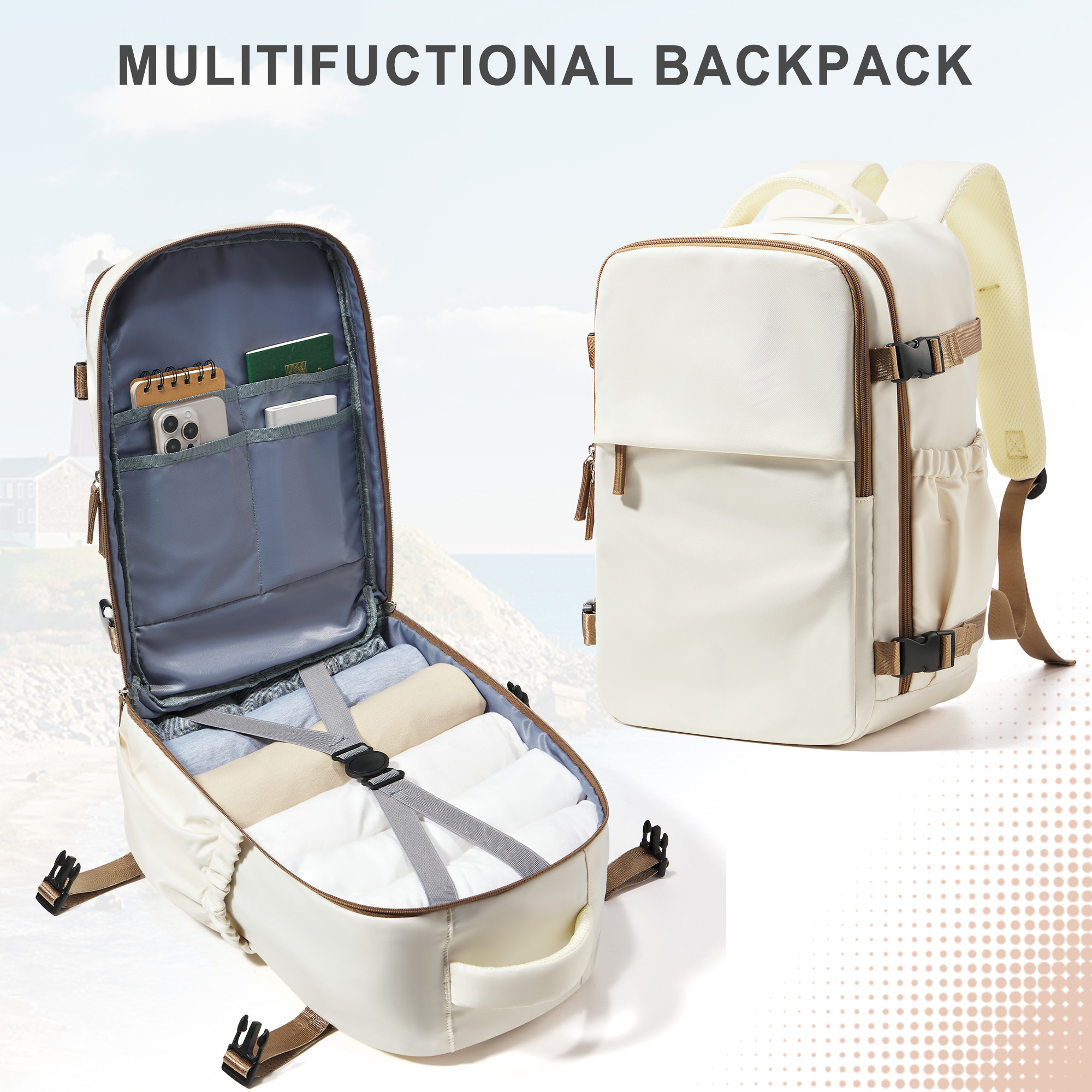 Cabin Airplane Travel Backpack 40x30x20, Hand Luggage Cabin Backpack Wizzair 40x30x20 Carry-Ons Men Women 15.6 inch Laptop Bags: Beige