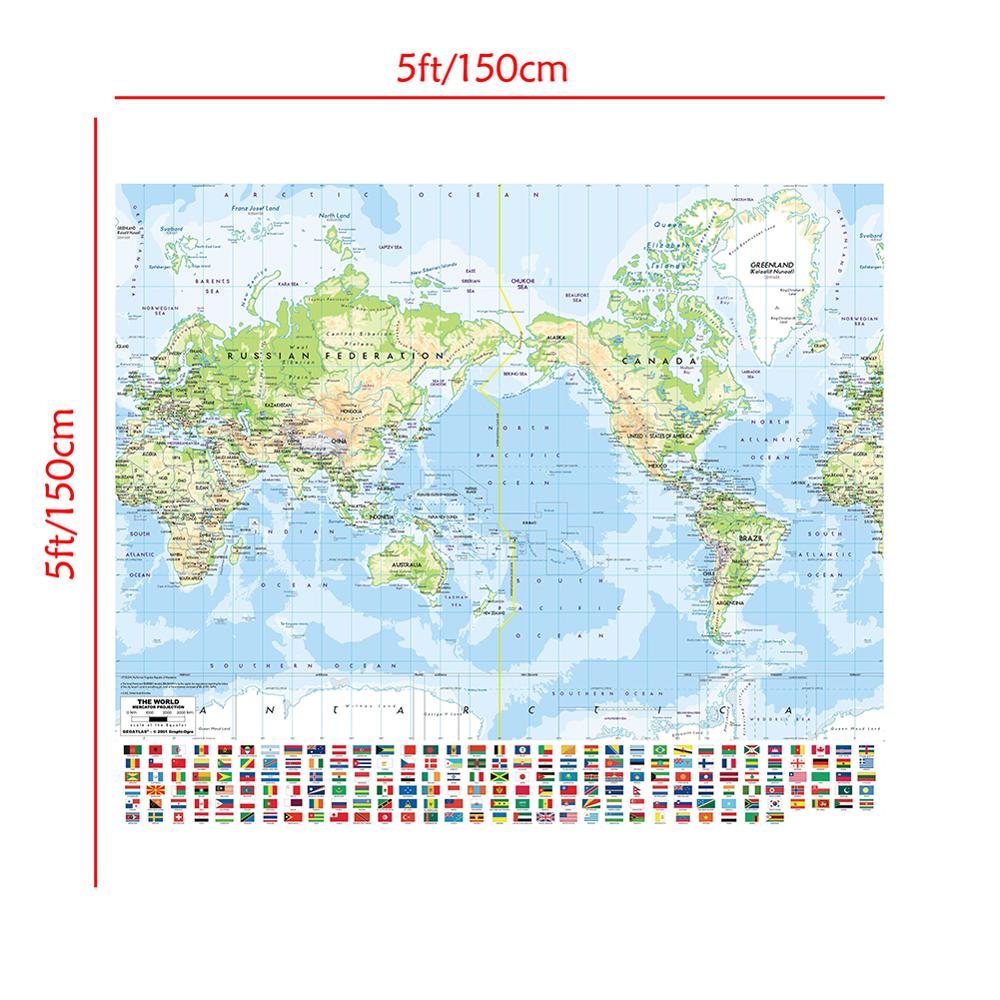 Niet-geweven Vinyl Spray Wereldkaart 150X150 Cm Mercator Projectie Kaart Met Nationale Vlag Voor Cultuur En onderwijs