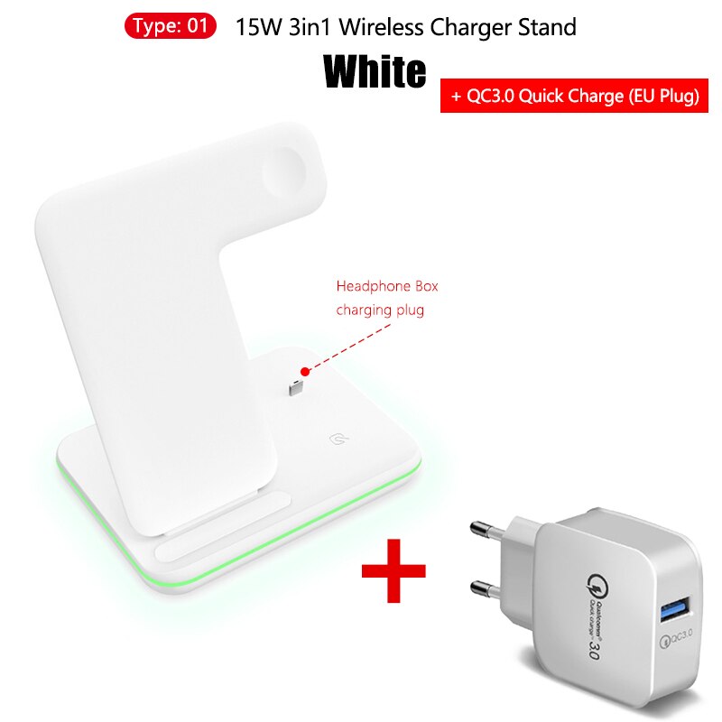 15w 3in1 qi carregador sem fio suporte para iphone 11 xs xr x 8 estação doca de carga rápida sem fio para apple watch 5 4 3 airpods pro 2: Z5 White and QC3.0