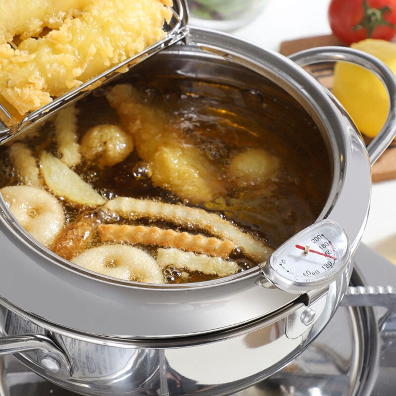 Japanese Deep Frying Pot with a Thermometer and a Lid 304 Stainless Steel Kitchen Tempura Fryer Pan 20cm
