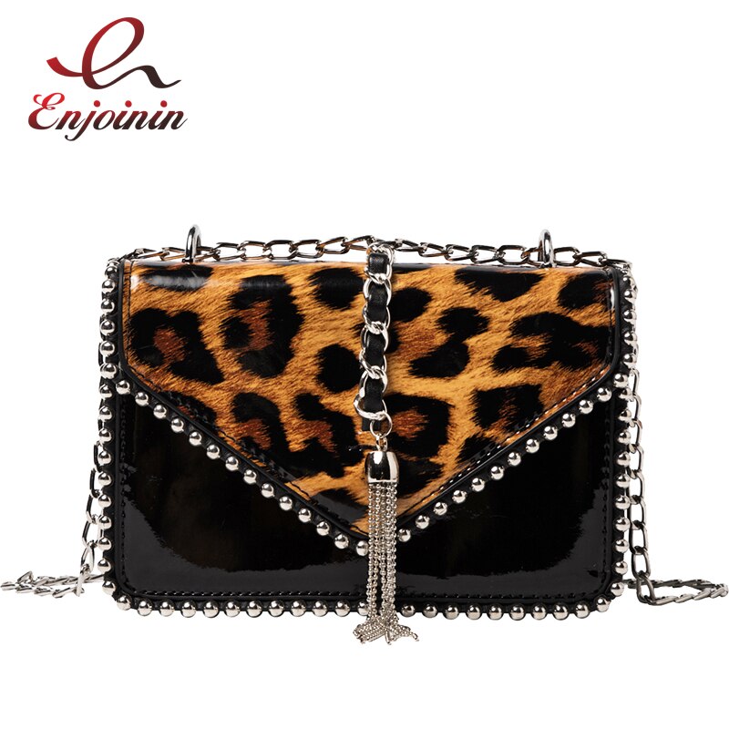Bolso de charol con patrón de leopardo para mujer, cartera pequeña de cuero PU con cadena de hombro para mujer, monederos y bolsos informales