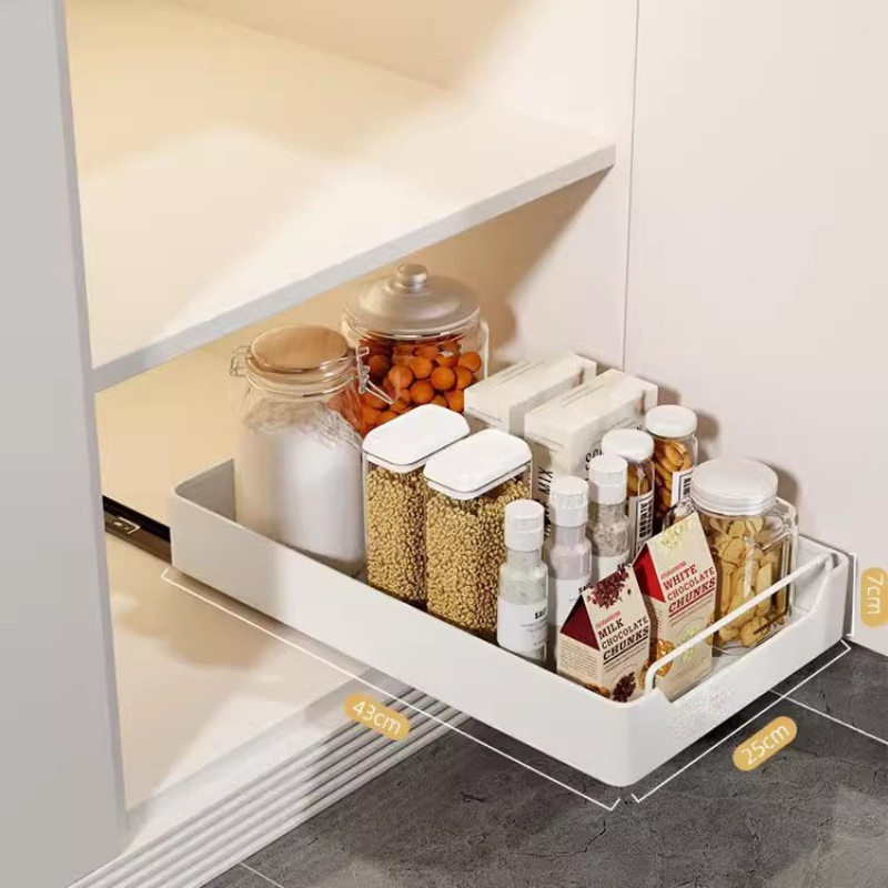 Küchenregal, Topf-Aufbewahrungsbox, Gewürzregal unter der Spüle, ausziehbarer tiefer Schrank, Gleitschiene, Korbregale, schwebendes Regal