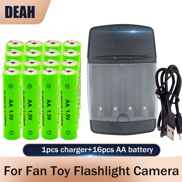 Batterie alcaline Rechargeable AA 1.5V 3000mAh + chargeur de batterie alcaline USB intelligent à 4 emplacements pour pile AA AAA 14500 10440 16340 10440: 1charger 16batteries