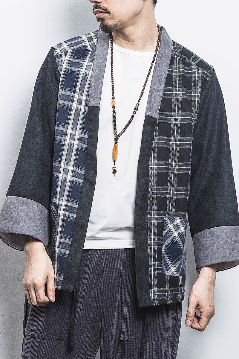 Kimono japonais à carreaux en coton pour hommes, vêtements d&#39;extérieur Haori, manteau Hanten à la , vêtements de samouraï, Yukata,