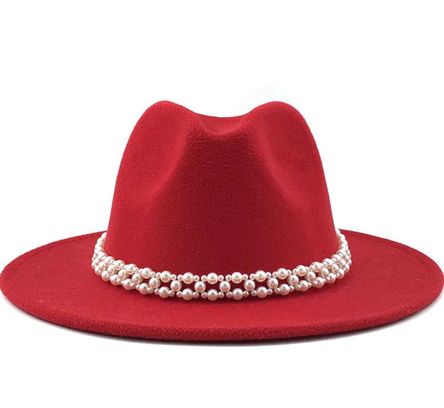 Women Wool Fedora Hat with Imitation Pearl Ribbon Gentleman Lady Winter Autumn Wide Brim Church Girl Jazz Cap