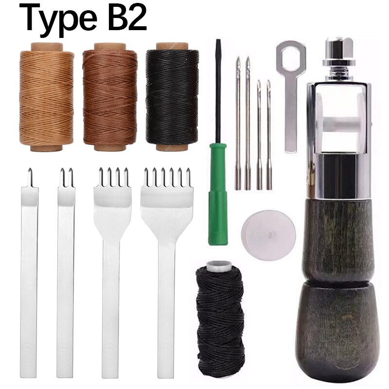 Juego de punzón de costura de cuero con cinceles de cuero, hilo encerado plano, rueda de Overstitch, aguja cónica, Zapatero, herramientas de puntada Manual: Type B2