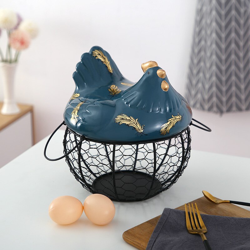 American Ceramic Egg Holder Chicken Wire Egg Basket Fruit Basket Collection Ceramic Hen Oraments Decoration Kitchen Storage: A2--Black basket