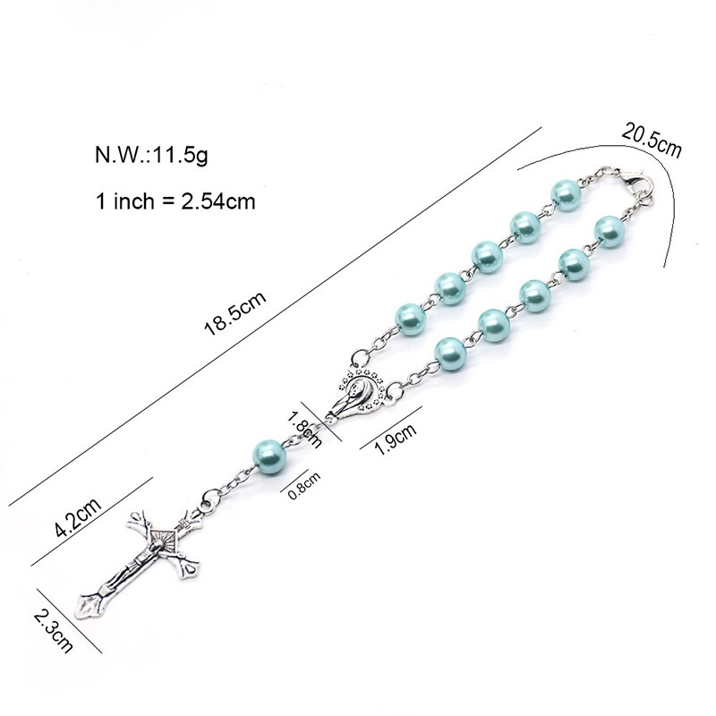 Lichtblauw Imitatie Parel Rozenkrans Armband Katholieke Jesus Cross Hangers Virgin Dame Van Guadalupe Armbanden Voor Vrouwen Sieraden
