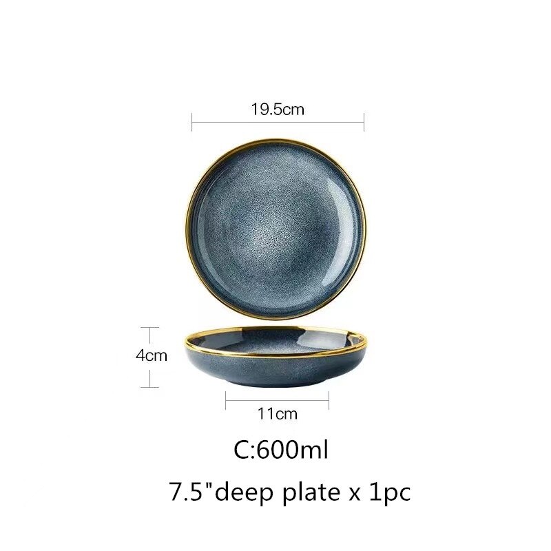 Ceramic Tableware Dishes Dinner Plates Steak Food Dessert Plate Blue Gradient Salad Soup Bowl Plates and Bowls: 7.5 inch deep plate