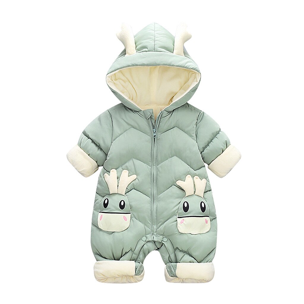 Cartoon cerf bébé fille hiver manteau épais vêtements à capuche bébé garçons veste -né combinaison barboteuse vêtements coupe-vent: Green  / 12-18 Months